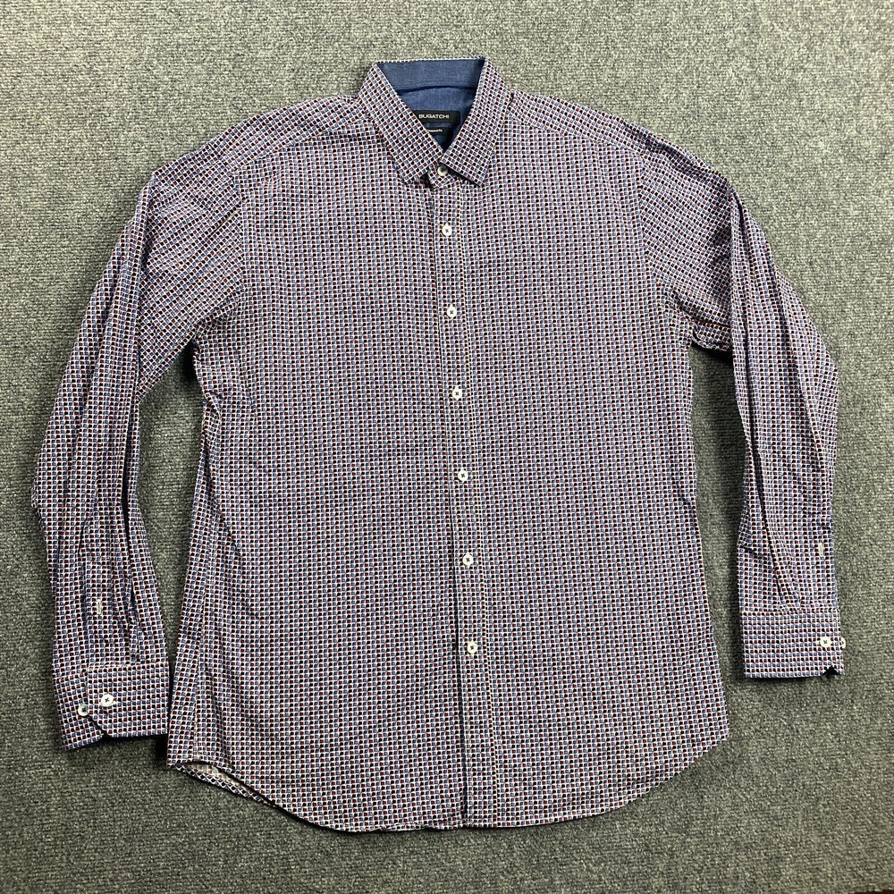 Bugatchi Shirt Adults Large Red Blue Geometric Shaped Fit Button Up Cotton Mens